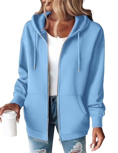 Zeagoo Hoodies Zip Up Hoodie Women Fleece Jacket Oversized Sweatshirt 2025 Hoodies Light Blue