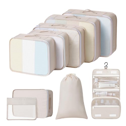 Packing Cubes for Travel – 9 Set Large Travel Cubes Luggage Organizer Bags Set With Laundry Bags/Shoe Bag/Toiletry Bag (Beige)