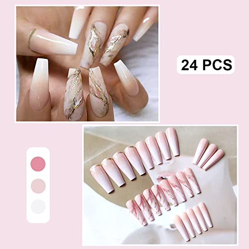 24 Pcs Press On Nails Long Coffin Fake Nails French Press On Nails Pink Marble Gold Foil Acrylic Fake Nails Tips Glossy False Nails Full Cover Nail Tips With Glue For Women And Girls #TOP1