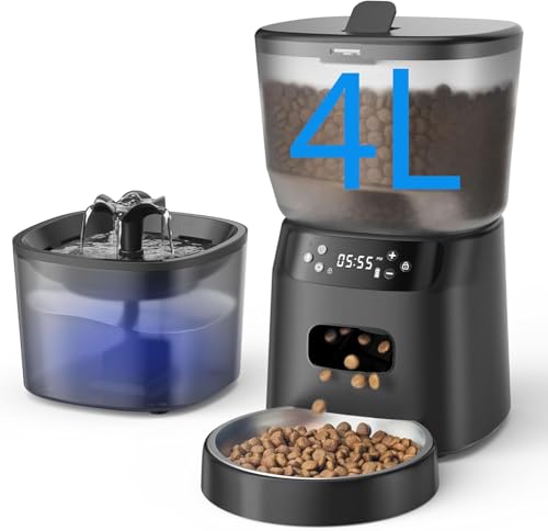 Distributeur Croquettes Chat Automatique 4L et Fontaine a Eau Chat 2,5L Enregistrement Vocal 10s et 6 Repas Programmables avec Ebols INOX, Anti‑Blocage, Facile à Nettoyer