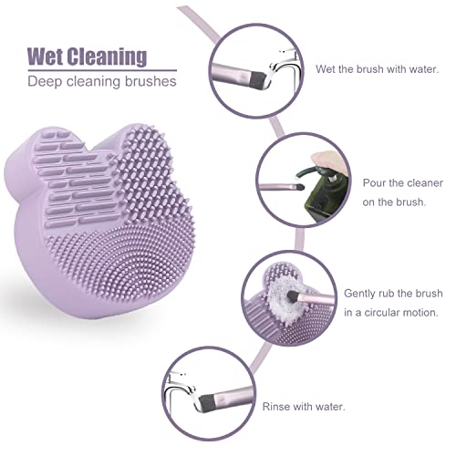 2 In 1 Design Makeup Brush Cleaning Mat+Color Removal Sponge, Silicone Scrubber Cleaner Pad Portable Cosmetic Clean Tools (Purple) #TOP2