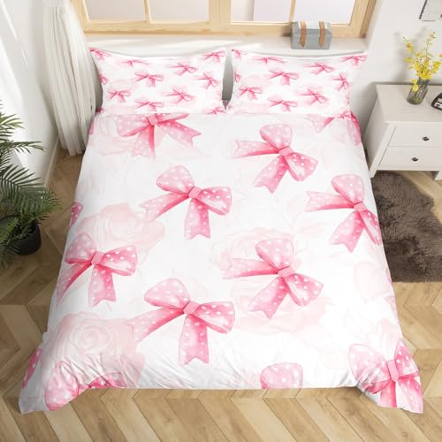 Homemissing Pink Bow Duvet Cover Set Single Size Bedding For Kids Adults Girls Teens Dreamy Princess Style Bedding Set Kawaii Bowknot Comforter Cover with 1 Pillowcase Room Decor Bow Bed Sets - Image 4