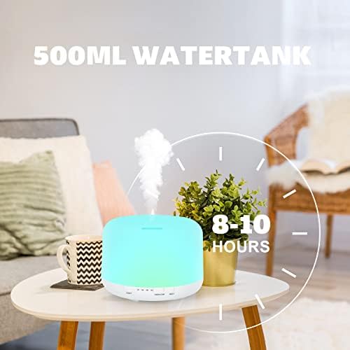 500ML Diffusore di Oli Essenziali con Telecomando, Senza BPA Ultrasuoni Umidificatore, Diffusore di Aromi con 7 Colori LED Luce Spegnimento Automatico - Bianco