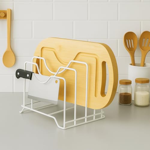 Image of Pan & Pot Lid Organizer Rack - Multifunctional Cookware for Cabinet, Pantry Chopping Board Holder, Space-Saving Kitchen Organizer, Black (L-9 x W-7 x H-9 in (PAN RACK WHITE)