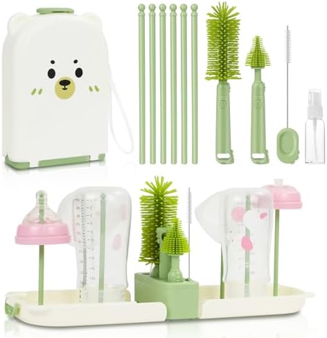 Vicloon 6 in 1 Reise Baby Flaschenbürsten Set, Tragbar Babyflaschen Bürste Set mit Silikonflaschenbürste, Strohhalmbürste, Schnullerbürste, Flaschentrockner und Spenderflaschen, BP