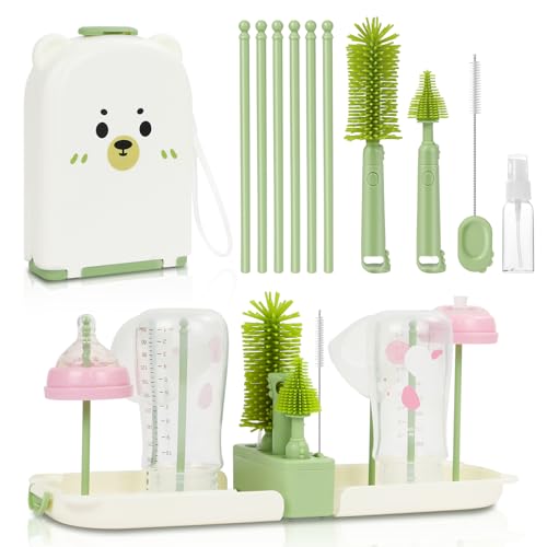 Vicloon Set de Cepillos para Biberones, 7 en 1 Kit de Cepillo Limpia Biberones Viaje con Cepillo para Biberones, Pezones & Pajitas, Dispensador de Jabón, Caja de Almacenamiento, Soporte para Secado