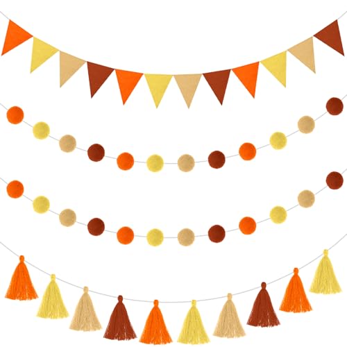 Irenare 9.8 ft Pom Pom Garland for Classroom Felt Rainbow Garland Back to School Party Decoration Colorful Pennant Tassel Banner Birthday Triangle Banner for Classroom School Mantel(Autumn Colors)