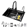 ARTLINE Black Kitchen Sink Stainless Steel Single Bowl Sink Drop InTopmount Workstation Sink with Sliding Accessories Farmhouse Workstation Sink with Multiple Accessories 197 x 177in