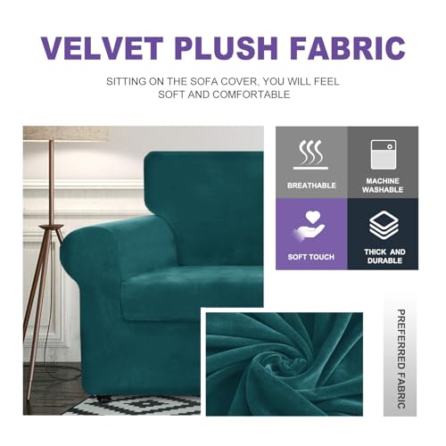 ZNSAYOTX Luxury Velvet Chair Slipcovers with Arms 2 Piece Stretch Chair Covers for Living Room Soft Armchair Slipcover Anti Slip Dog Pet Friendly Furniture Protector (Deep Teal),30\"-47\"(1 Cushion)