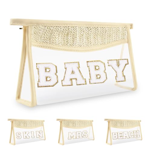 Cute Boho Patch Baby Bag Clear Makeup Letter Bag, Waterproof Zipper Make up Bags Toiletry Pouch for Women Girls, Clear Letter Patch Cosmetic Bags Transparent Organizer Pouch for Travel(Baby, Beige)