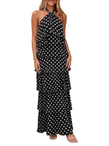 Women's Boho Polka Dot Halter Wedding Guest Long Flowy Dresses, Black M