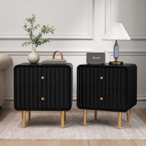 Image of HLR Night Stand Set of 2, Fluted Modern Bedside Table with 2 Drawers, Black