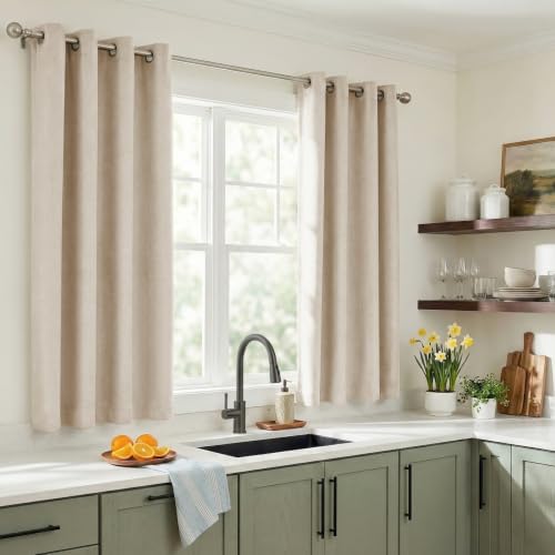 Image of 100% Blackout Short Small Linen Curtains 54 Inch Long, Oatmeal | 100% Blackout Shield, Light Blocking, Thermal Insulated, Grommet Top, Window Curtains, Linen Textured, 46 inchx54 inch, 2 Panels Set