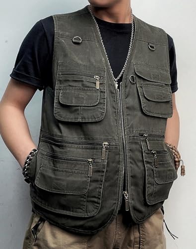Nexstone Colete masculino leve, utilitário, de pesca, gola V, safári, fotógrafo, Verde militar, M