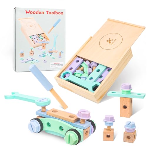 Caja Herramientas Juguetes Caja Manualidades Herramientas Bricolaje Juguetes Niños 3 4 Años Montessori, 30 Piezas Juegos de Construcción de Madera Infantil, Juegos Educativos Regalos para Niña Niño