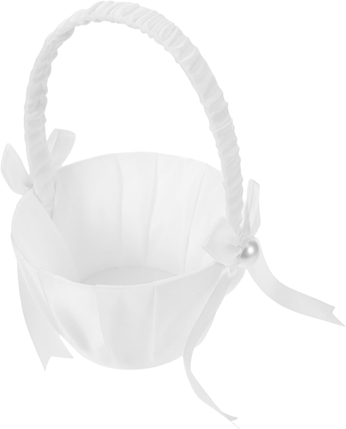 SAFIGLE 4pcs Wedding Flower Girl Basket, Satin Bowknot Pearl Decoration, Floral Petal Holder with Handle, Ideal for Ceremony, Party, Home Decoration, White