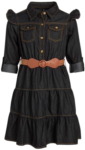dollhouse Girls' Denim Dress - Casual Long Sleeve Jean Dress for Girls - Button Down Blue Knee Level Dresses for Girls (7-16)