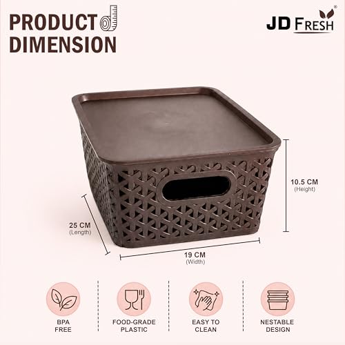 Image of JD Fresh Pack of 3 Premium Plastic Storage Basket with Lid /Smooth Handle Design & Stackable Storage Organizer /Durable Kitchen Storage Basket for Clothes, Vegetables, Fruits, Toys and Stationery(Brown)