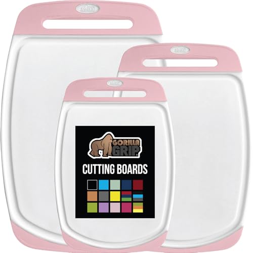 GORILLA GRIP BPA-Free Reversible Kitchen Cutting Board Set of 3, US Designed, Nonporous, Juice Grooves Catch Liquid, Slip Resistant Border, Dishwasher Safe, Durable Large Food Chopping Boards, Pink