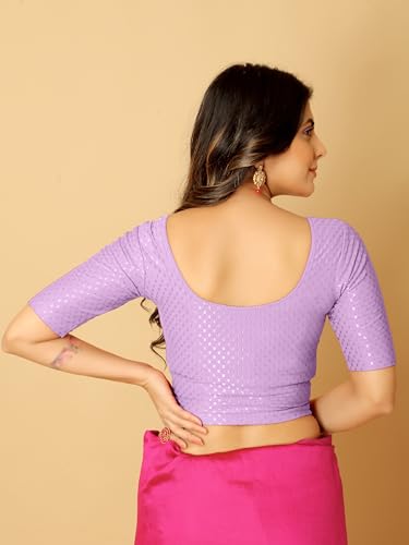 Image of Amazon Brand - Anarva Round Neck Dobby Cotton Lycra Stretchable Elbow Half Sleeve Readymade Saree Blouse for Women Stylish
