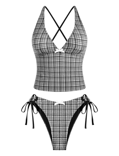 ZAFUL Women's Tankini Set V Neck Tummy Control Floral Printed Tie Side Thong Bikini Swimsuits 2 Piece Bathing Suits