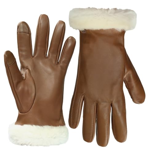UGG Womens Sheepskin Cuff Gloves with Touchscreen Fingertips Genuine Leather Exterior Fur Trim and Logo Detail - Warm Stylish and Comfortable Winter Wear Chestnut Medium