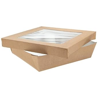 Kray Box with Window Lid Case of 50, PacknWood - Brown Recyclable to Go Food Containers 60 oz, 7.1" x 7.1" x 2" PK210KRAYB195