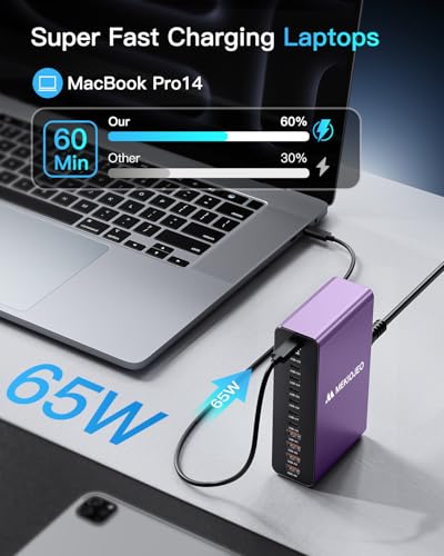 Image of MEKIOJEO 12 Ports Aluminum Alloy 380W Charging Station Fast USB C Charger Block 65W Laptop GaN Charger for MacBook Pro /Air /iPad Pro /iPhone (Purple)