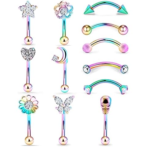 12Pcs 16G Rook Piercing Jewerlry Surgical Steel Eyebrow Piercing Jewelry Flower Crystal Heart CZ Moon Shape Eyebrow Rings Snake Eyes Rook Earrings for Women Men Tongue Retainer,Purple curved Barbell Cover