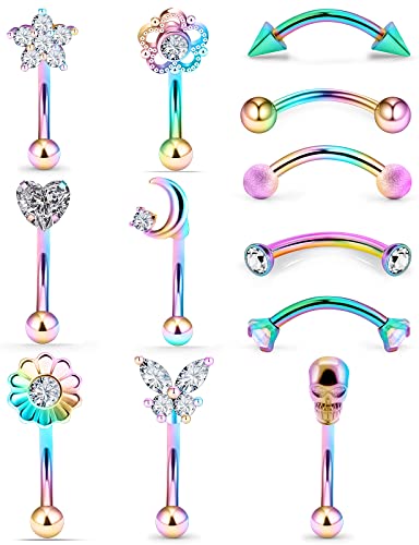 Oufksiyy 16G Rook Piercing Jewerlry Surgical Steel Eyebrow Piercing Jewelry Flower Crystal Heart CZ Moon Shape Eyebrow Rings Snake Eyes Rook Earrings for Women Men Tongue Retainer，Silver Barbell