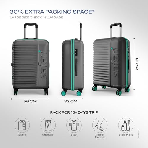 Image of Safari Large Polycarbonate Spinner Wheels Insignia 8 Wheels 81cm Size Check-in Trolley Bag, TSA Lock, Hard Case, XL Size International Travel Luggage, Suitcase for Travel, Gun Metal