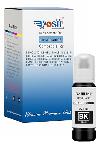 Image of KOSH 001 /003 /008 Refill Ink Compatible for Epson L3110, L3150, L3250, L3252 L3115, L3116, L3101, L3210, L3215, L3216, L3151, L3152, L3156, L5190 Printers (001 /003 /008 BK 70ml)