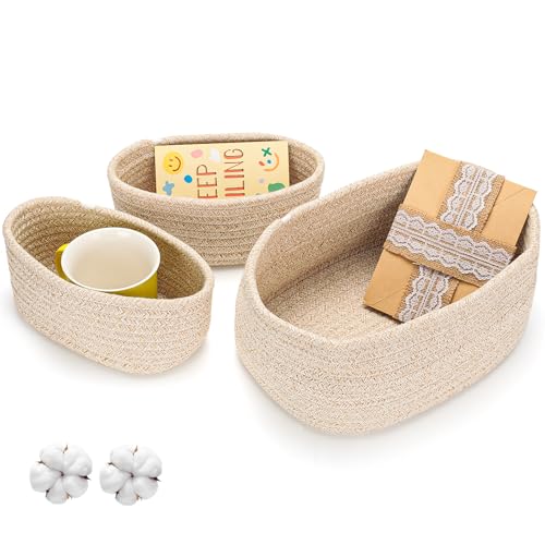 AiQInu Juego de 3 Cestas Organizadoras, Cestas Almacenaje Baño de Algodón Tejido, Cestos Baño, Cesto de Almacenamiento para Dormitorio, Salón, Organizador de Casa