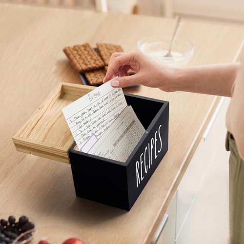 Dahey Wooden Recipe Box Black Recipe Organizer with 100 Recipe Cards and 6 Dividers, Recipe Card Holder Box Set with Brown Lid and Slots to Write in Your Own Recipes for Cooking Lover Kitchen - Thumbnail 5