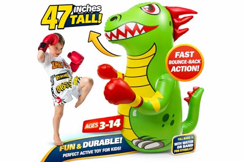 47 in Inflatable Punching Bag for Kids - Dinosaur Bop Bag Toy with Fast Bounce Back Action - Durable Toy for Kids Ages 3-14 - Fill Base with Water or Sand for Stability