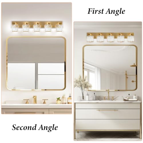 Image of Gold Crystal Bathroom Vanity Light, 5-Light Modern Bathroom Lighting Fixtures Over Mirror,Chrome Wall Sconce Light Fixtures with Square Shade