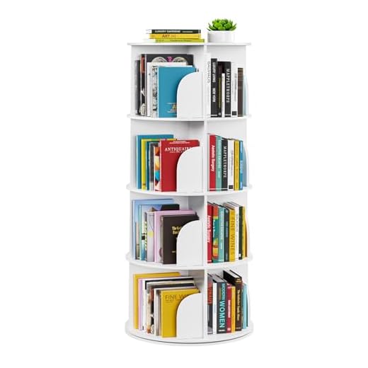 SpaceAid 4 Tier Rotating Bookshelf Tower, Spinning Bookcase Lazy Susan, Revolving 360 Book Shelf Storage Round Carousel, Vertical Rotate Turning Spiral Corner Organizer, White