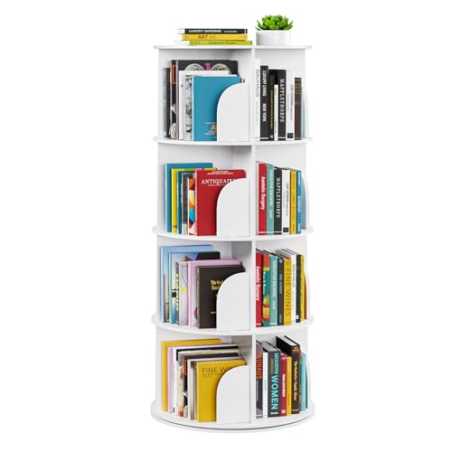 SpaceAid 4-Tier Rotating Bookshelf Tower - 360° Spinning Bookcase Organizer in White