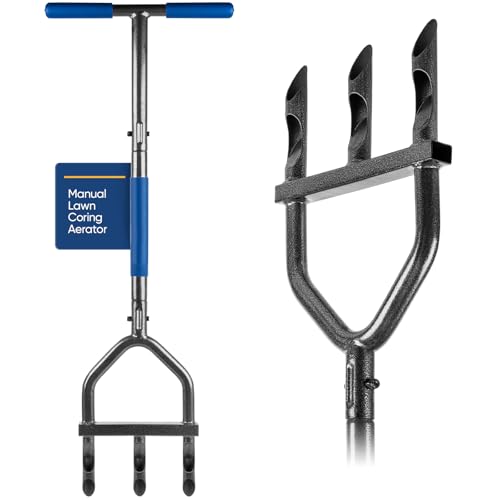 Huracan Aerifizierer für Rasen, 2-in-1 Rasenlüfter 100cm, Rasenbelüfter mit 3 Hohlspoon, Rasenkernlüfter mit Reinigungswerkzeug, T-Griff-Rasenspecht Aerifizierer für verdichtete Böden, Rasenpflege