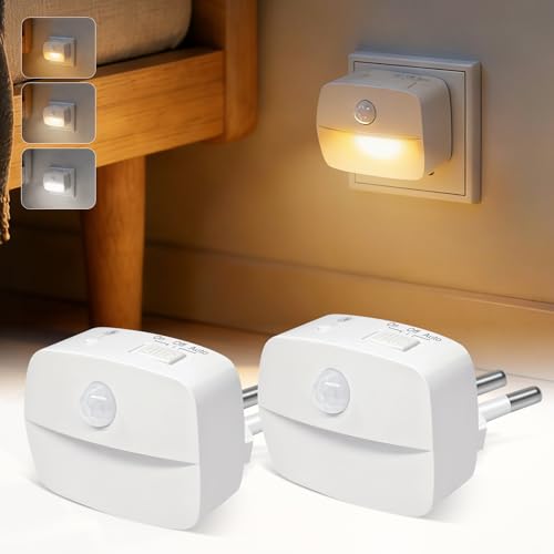 AmmToo Nachtlicht Steckdose mit Bewegungsmelder, 2 Stück LED Nachtlichter Warmweißes Licht, 3 Modi (ON/Auto/OFF), Stufenlose Dimmung, für Kinder Schlafzimmer, Flur, Treppenhaus, Küche, Badezimmer