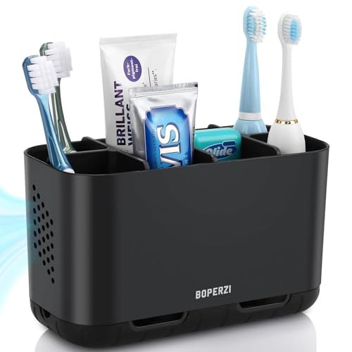 Image of Boperzi Toothbrush Holders for Bathrooms Organizers and Storage, Large Tooth Brush Holders with Drainage, Anti-Slip Electric Toothbrush and Toothpaste Holders Caddy for Shower Kids Family, Black