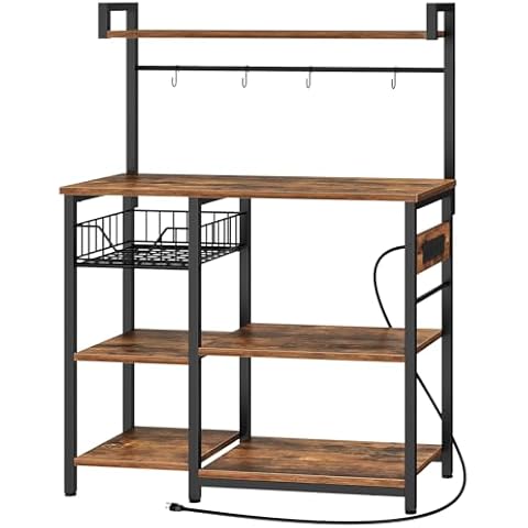 HOOBRO Bakers Rack with Power Outlet, 35.4 Inches Coffee Bar with Mesh Basket, Microwave Stand with 4 S-Shaped Hooks, Kitchen Bakers Rack with Storage, Easy to Assemble, Rustic Brown BF05HB01 Cover