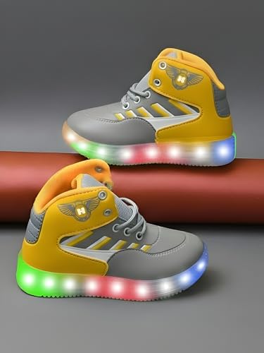 Image of HOOH Kids LED Light Up High Top Sneakers, Grey and Yellow, Breathable Upper with Soft Insole, Lace-Up Shoes