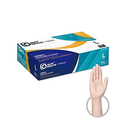 Safe Health Vinyl Disposable Gloves, Food Safe, Latex Free, Powder Free, Clear, Box of 100, Large, 3 mil, Cleaning, Salon, Service, Office, Household, Daily