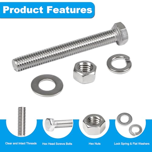 Tornillos de cabeza hexagonal MroMax de acero inoxidable 18-8 con tuercas y arandelas 3