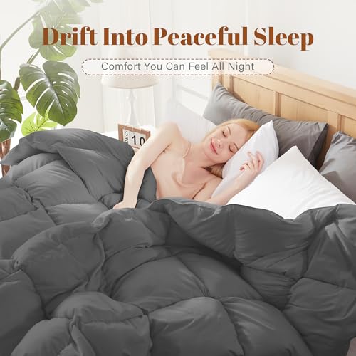 Image of Feather and Down Fiber Comforter Insert King, 100% Cotton Cover | Medium Warmth Grey Duvet Insert, Fluffy Soft Hotel Luxury Bedding for Bedroom, 106 x 90 Inches