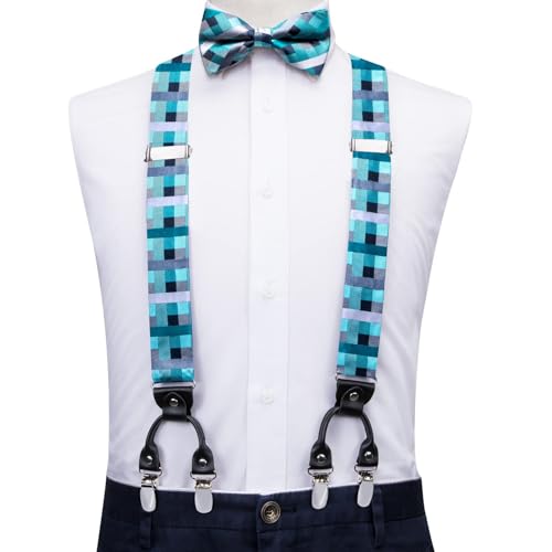 Image of Hi-Tie Men Suspender Bowtie Set Suspenders Pre-tied Bow Tie Pocket Square Cufflinks Adjustable Y Shape 6 Clips Braces Tuxedo