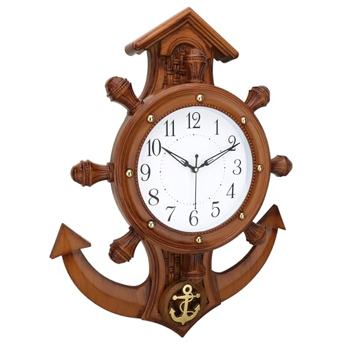 Image of Nautical Anchor Wall Clock, Wooden Design with Ship Wheel and Anchor Motif, Battery Operated (Brown)