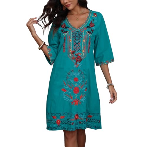 Grosy Besticktes mexikanisches Fiesta-Kleid für Damen, Übergröße, traditionelles Blumenmuster, Boho-Kleider für Damen, Bauern-Hippie-Outfit, Türkis-08, Groß