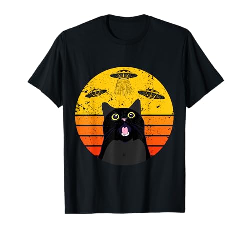 Divertida camisa de gato galaxia para mujer UFO astronave extraño gato Camiseta